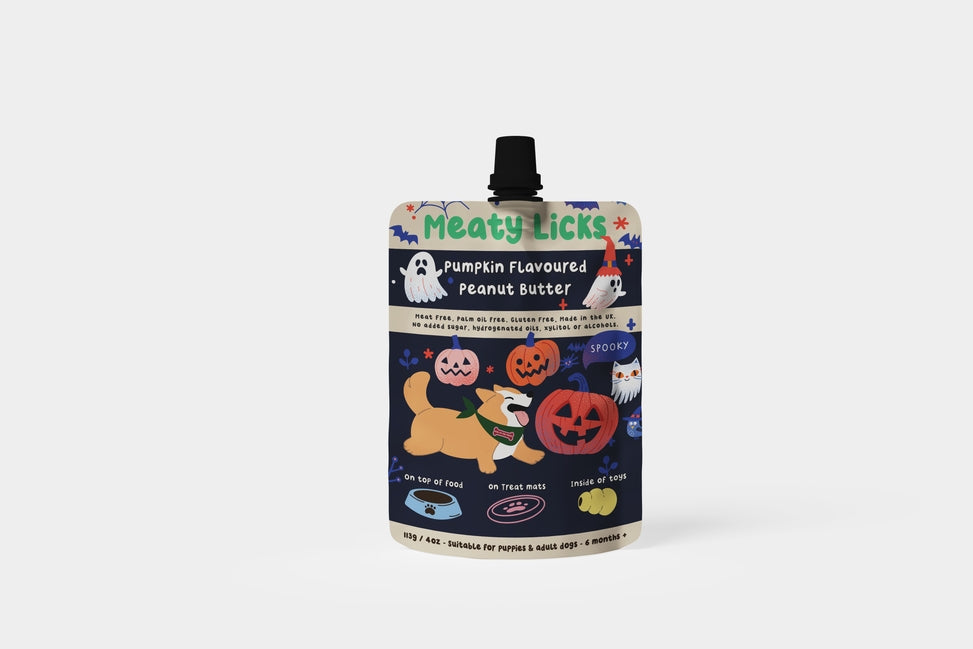 Meaty Licks Pumpkin Peanut Butter Treat Pouch for Dogs - Spooky Halloween Design - 113g/4oz - Suitable for Puppies & Adult Dogs