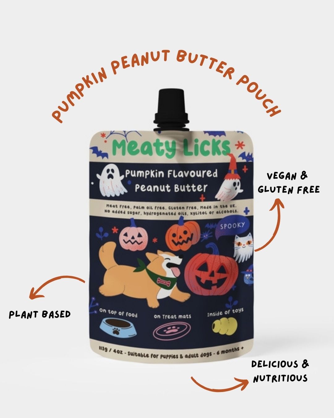 Meaty Licks Pumpkin Peanut Butter Treat Pouch for Dogs - Spooky Halloween Design - 113g/4oz - Suitable for Puppies & Adult Dogs