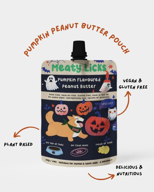 Meaty Licks Pumpkin Peanut Butter Treat Pouch for Dogs - Spooky Halloween Design - 113g/4oz - Suitable for Puppies & Adult Dogs